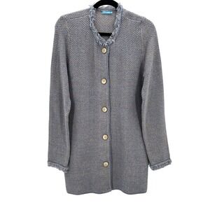 J McLaughlin Fringe Blue Tan Twee Preppy Cardigan Sweater Duster Size Medium